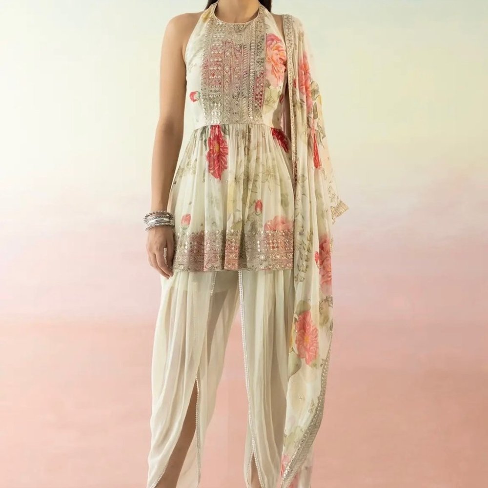 Ivory Georgette Floral Print Kurta Top and Dupatta